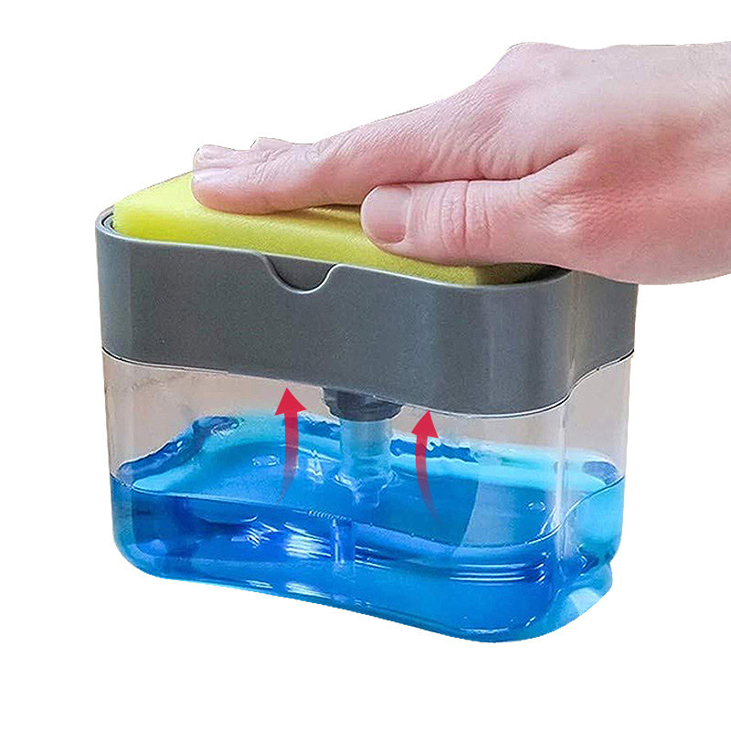 Dozator detergent vase cu suport burete 2 in 1 | Dispenser lichid cu apasare pentru bucatarie | Accesoriu compact chiuveta