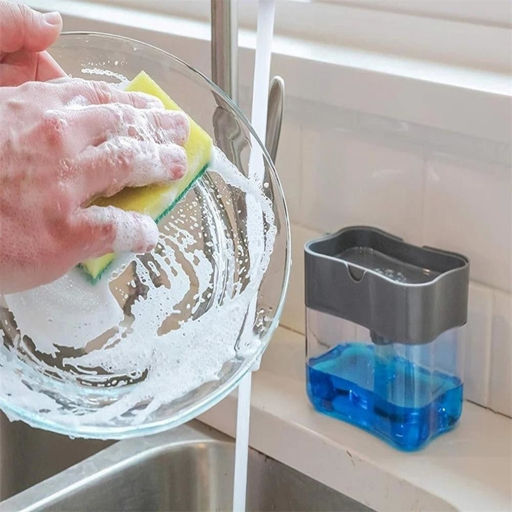 Dozator detergent vase cu suport burete 2 in 1 | Dispenser lichid cu apasare pentru bucatarie | Accesoriu compact chiuveta
