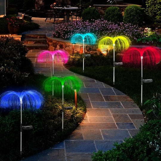 Set 2 lampi solare RGB tip palmier | Decor exterior cu lumina colorata pentru curte si gradina | Iluminat ambiental rezistent