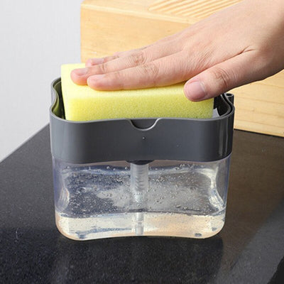 Dozator detergent vase cu suport burete 2 in 1 | Dispenser lichid cu apasare pentru bucatarie | Accesoriu compact chiuveta