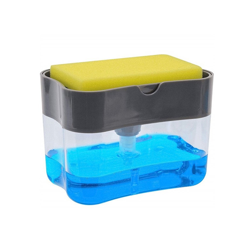 Dozator detergent vase cu suport burete 2 in 1 | Dispenser lichid cu apasare pentru bucatarie | Accesoriu compact chiuveta