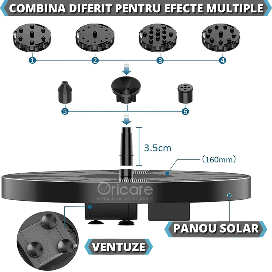 Fantana solara SunnyWater pentru iaz, gradina sau decor exterior | Jeturi de apa decorative cu panou solar automat | Fara cabluri