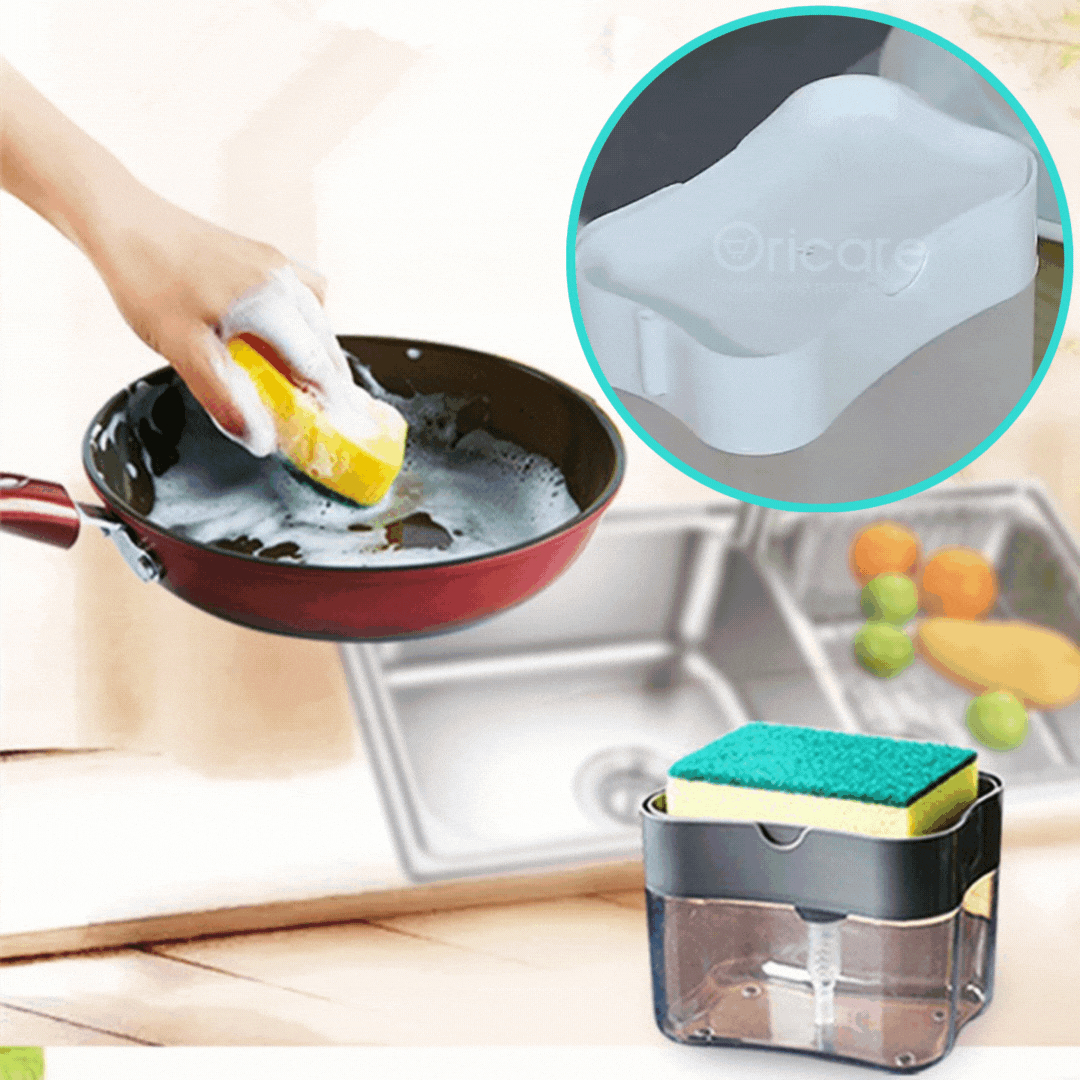 Dozator detergent vase cu suport burete 2 in 1 | Dispenser lichid cu apasare pentru bucatarie | Accesoriu compact chiuveta