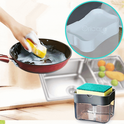 Dozator detergent vase cu suport burete 2 in 1 | Dispenser lichid cu apasare pentru bucatarie | Accesoriu compact chiuveta