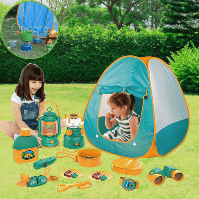 Set camping exterior si interior pentru copii cu 7 accesorii si cort | Distractie si joaca creativa | Material rezistent si usor de montat