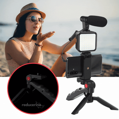Kit vlog 4 in 1 cu microfon, lumina LED si trepied | Echipament complet filmare cu telefon | Set video creatori de continut