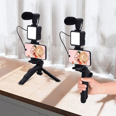 Kit vlog 4 in 1 cu microfon, lumina LED si trepied | Echipament complet filmare cu telefon | Set video creatori de continut