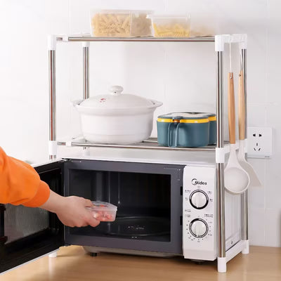 Suport cu 2 rafturi, telescopic si multifunctional | Pentru bucatarie, cuptor microunde, blat bucatarie