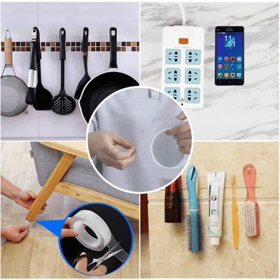 Set 2 benzi dublu adezive transparente | Fixare fara cuie pentru pereti, mobila, cabluri | Reutilizabile, lavabile, usor de taiat si montat